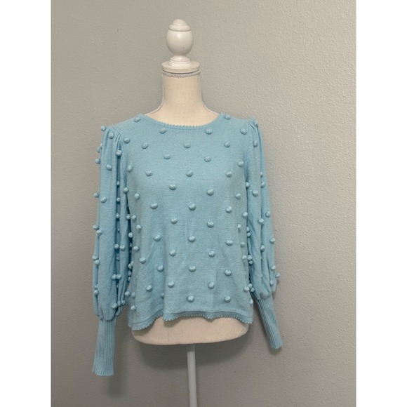 Lilly Pulitzer Sweaters - Lilly Pulitzer Blue Pom Pom Bobble Knit Sweater Puff Sleeve Scallop Neck‎ Medium